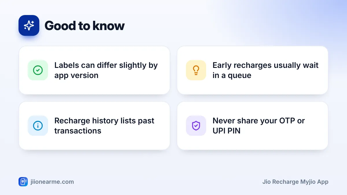 Good to know – key tips | Jio recharge MyJio app Good to know: 4 key tips infographic – How to Recharge Your Jio Prepaid Number in the MyJio App