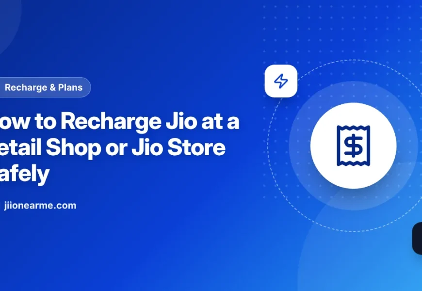 Illustration of a customer recharging a Jio number at a mobile recharge shop counter