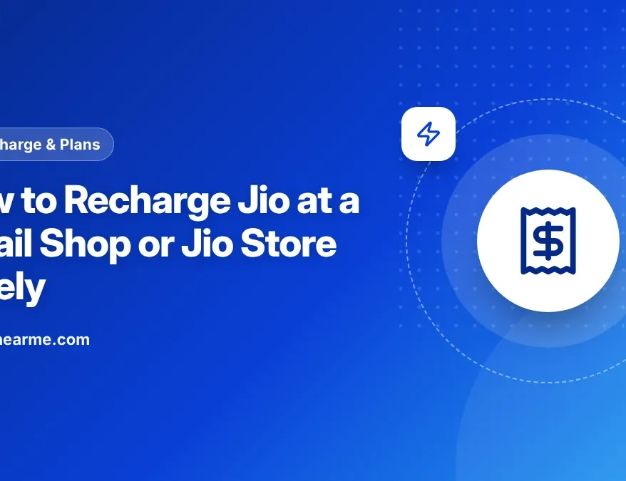 Illustration of a customer recharging a Jio number at a mobile recharge shop counter