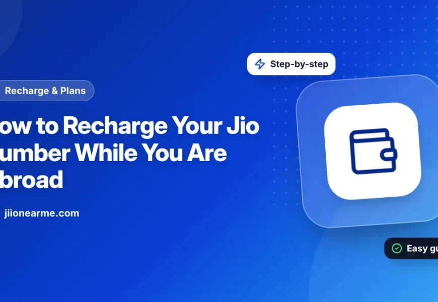 Illustration of a person overseas recharging an Indian Jio number on a laptop and phone
