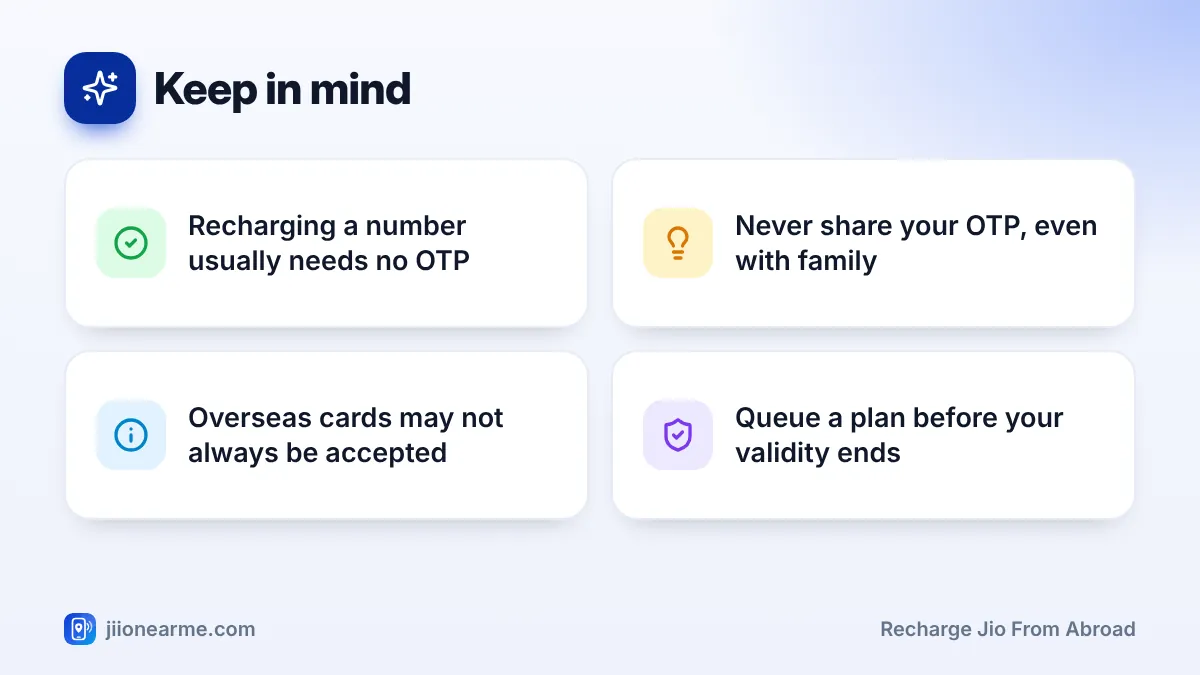 Keep in mind: 4 key tips infographic – How to Recharge Your Jio Number While You Are Abroad