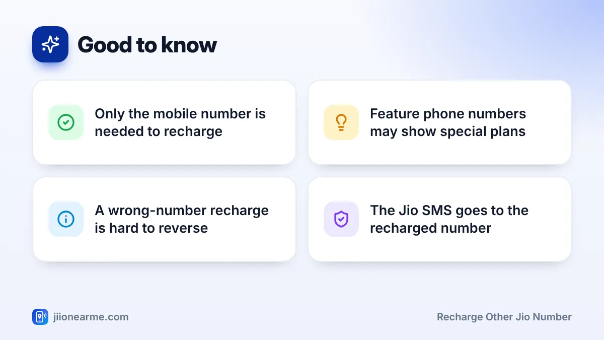 Good to know – key tips | Recharge other Jio number Good to know: 4 key tips infographic – How to Recharge Someone Else's Jio Number From Your Phone