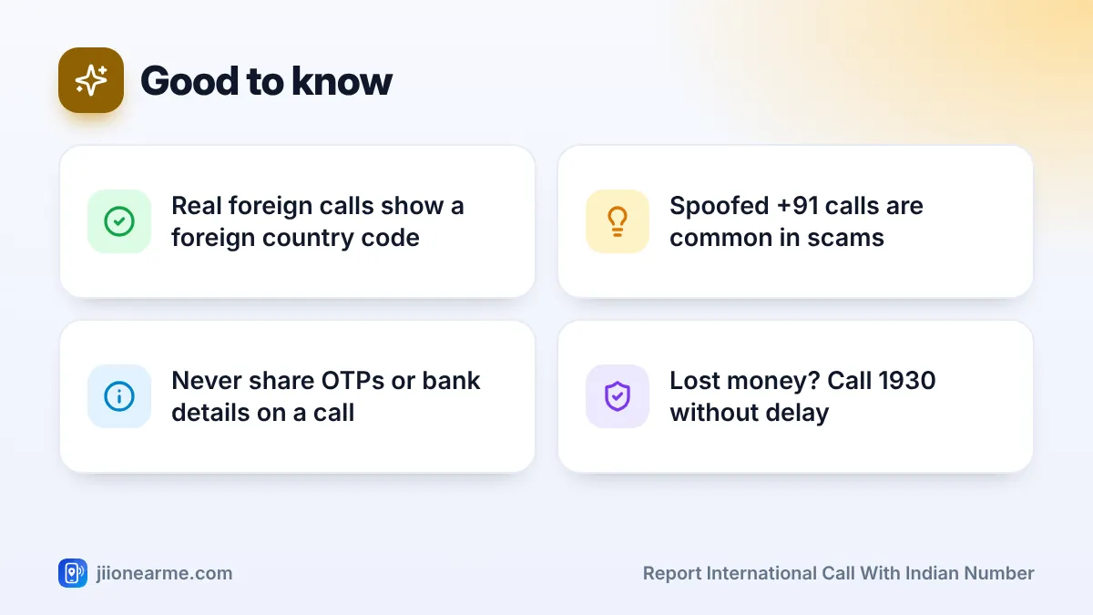 Good to know: 4 key tips infographic – How to Report International Calls Showing an Indian Number