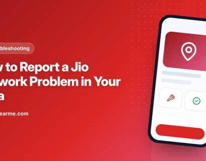 Illustration of a phone with a weak Jio signal and a location pin on a map