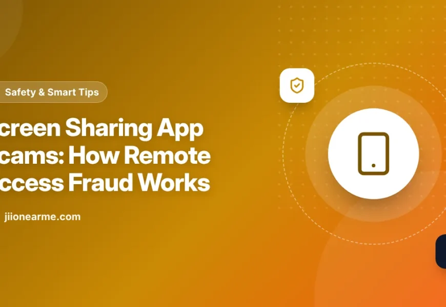 Illustration of a phone screen being watched remotely by a hidden fraudster on a laptop