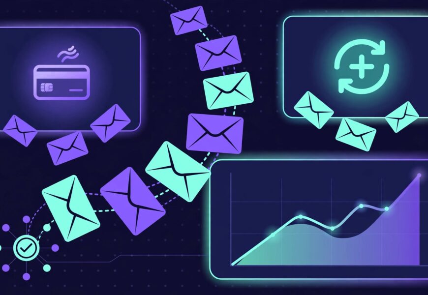 Illustration of payment events triggering email flows next to a rising revenue graph