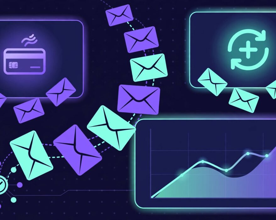 Illustration of payment events triggering email flows next to a rising revenue graph