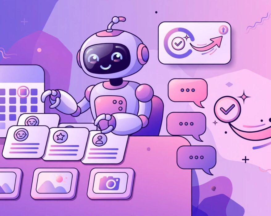 Robot assistant managing social profile cards with calendar, captions and approval checkmark for a socinator.com review