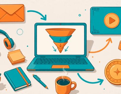 Laptop showing a sales funnel, email and course icons connected together for a systeme.io review
