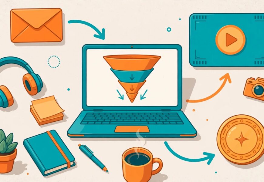 Laptop showing a sales funnel, email and course icons connected together for a systeme.io review
