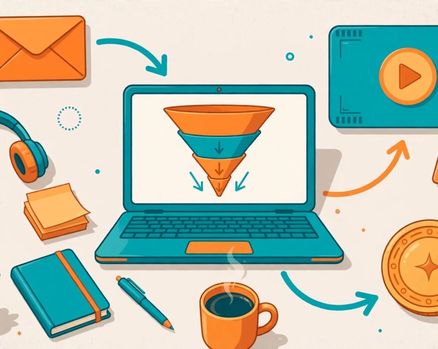 Laptop showing a sales funnel, email and course icons connected together for a systeme.io review