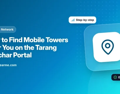 Illustration of a map with mobile tower markers around a home shown on a laptop screen