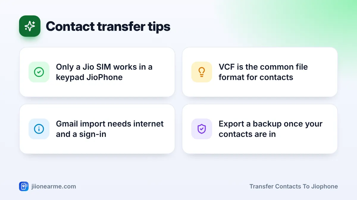 Contact transfer tips: 4 key tips infographic – How to Transfer Contacts to a JioPhone from Your Old Phone