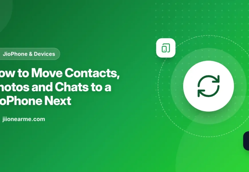 Illustration of contacts, photos and chats moving from an old phone to a JioPhone Next