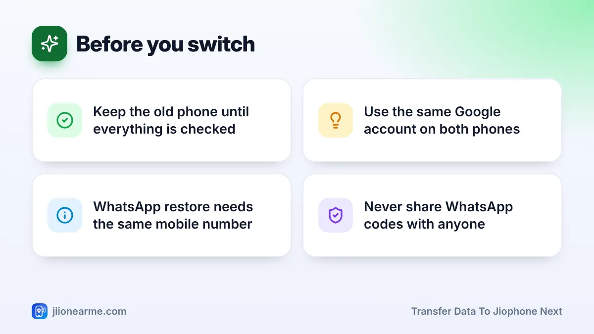 Before you switch: 4 key tips infographic – How to Move Contacts, Photos and Chats to a JioPhone Next