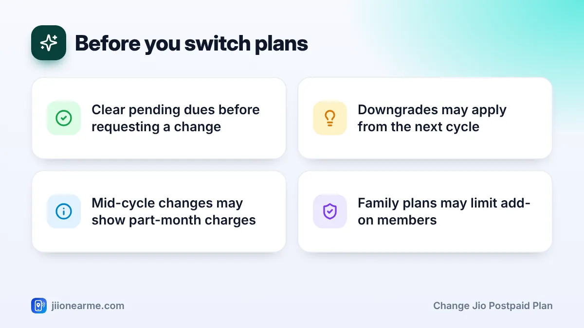 Before you switch plans – key tips | Change Jio postpaid plan Before you switch plans: 4 key tips infographic – How to Upgrade or Downgrade Your Jio Postpaid Plan