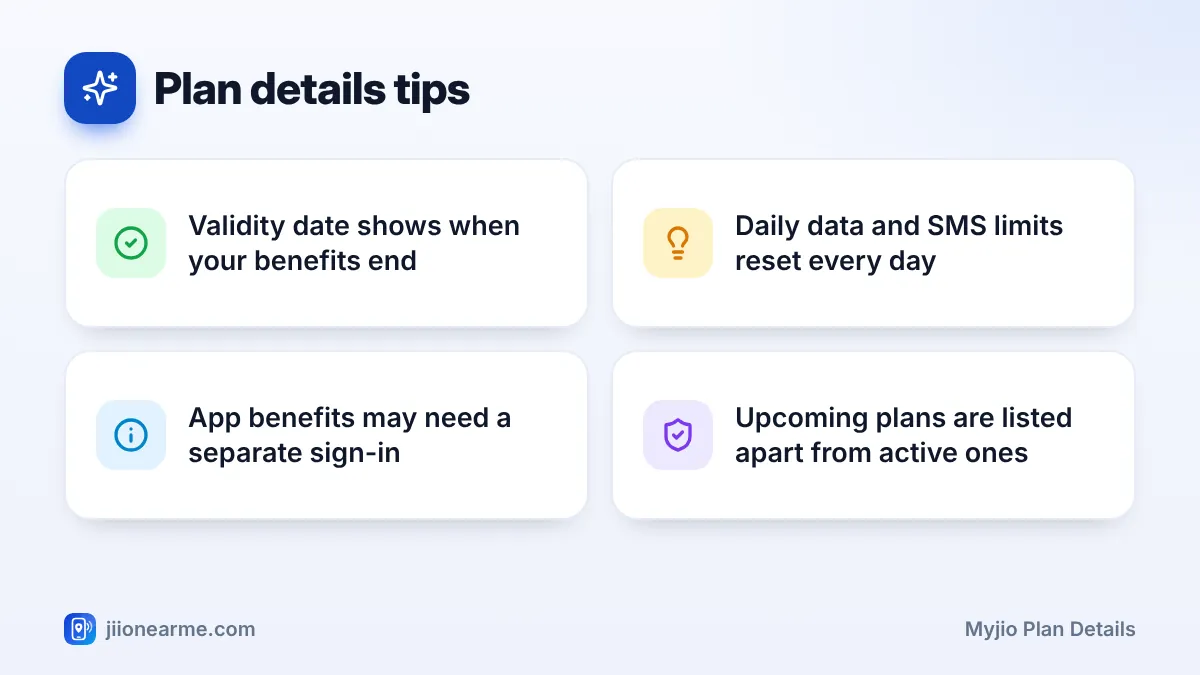 Plan details tips – key tips | MyJio plan details Plan details tips: 4 key tips infographic – How to View Your Current Jio Plan Details and Benefits in MyJio