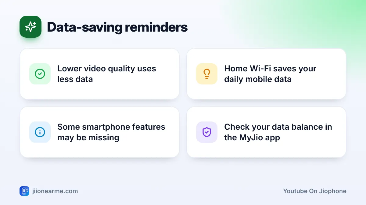 Data-saving reminders – key tips | Youtube on JioPhone Data-saving reminders: 4 key tips infographic – Using YouTube on JioPhone